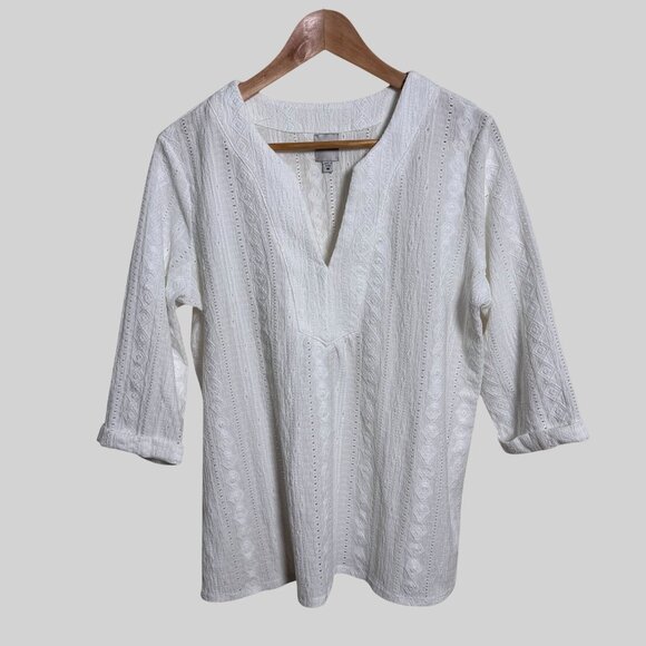 Nic and Zoe Angled Lace Split Neck Top, White, Women's Size Medium - Picture 1 of 7